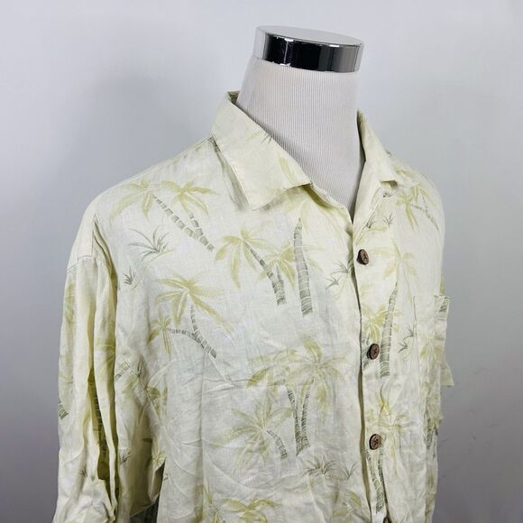 Tommy Bahama XL 100% Linen Hawaiian Aloha Shirt Light Green Floral Palm Trees - Picture 1 of 4
